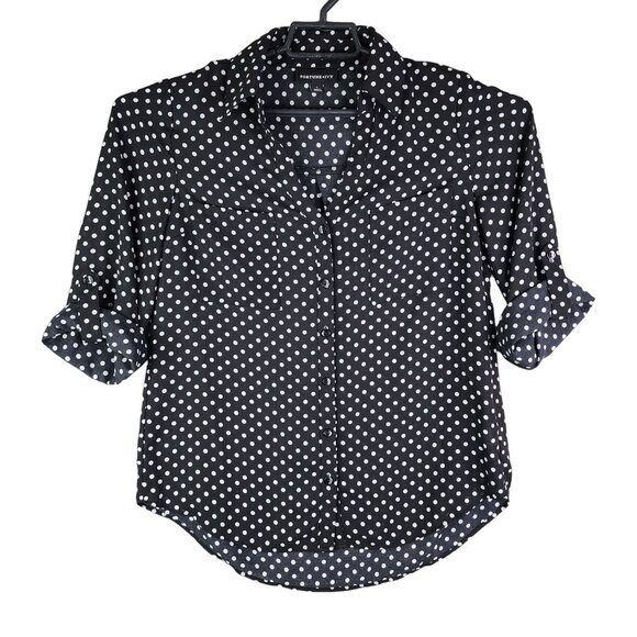 Womens Fortune + Ivy Polka Dot Button-Up Blouse Black & White Roll Tab Sleeves S - Picture 1 of 11